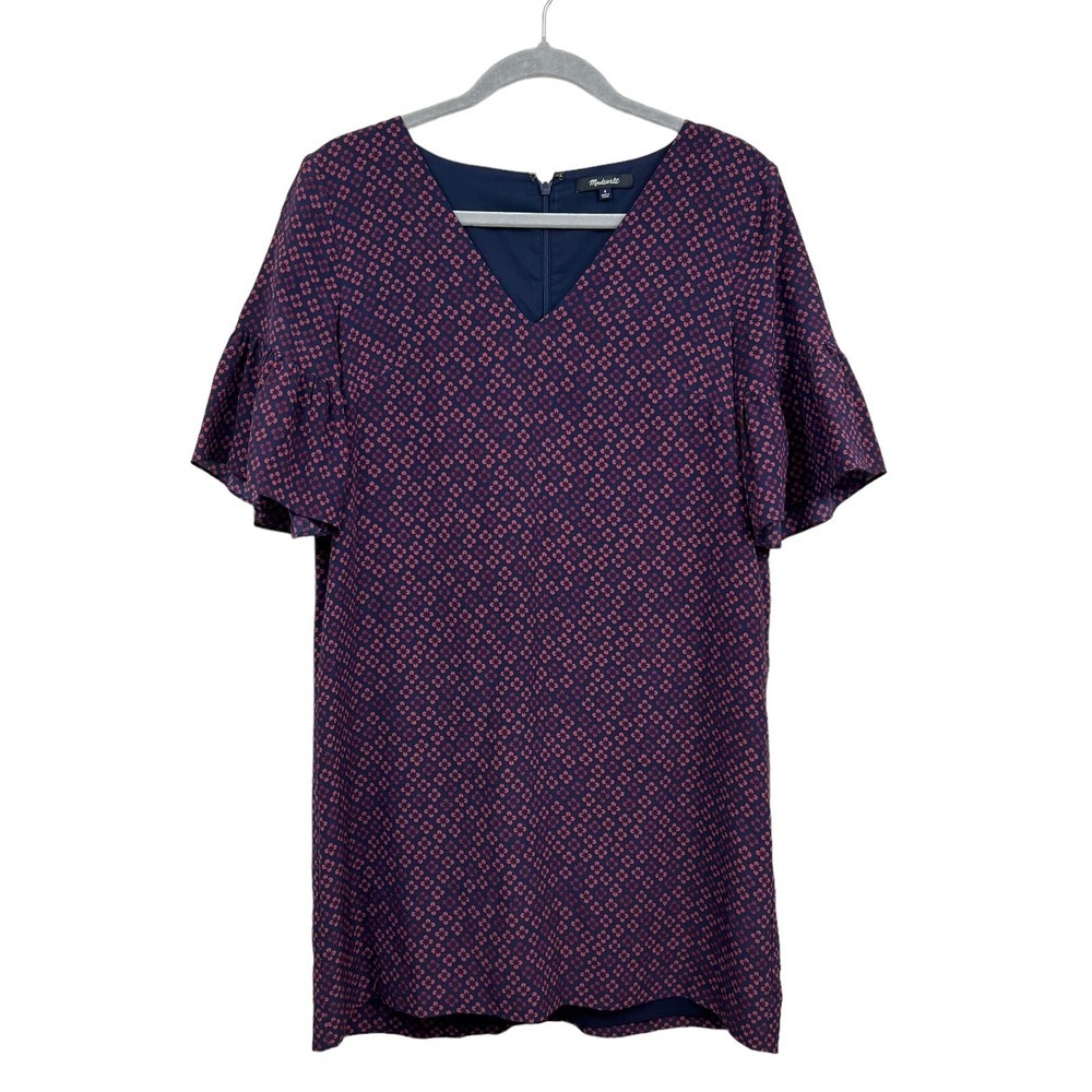 Madewell Shift Dress Silk VNeck Lined Ruffled Sleeves Floral Print Women Sz 4*